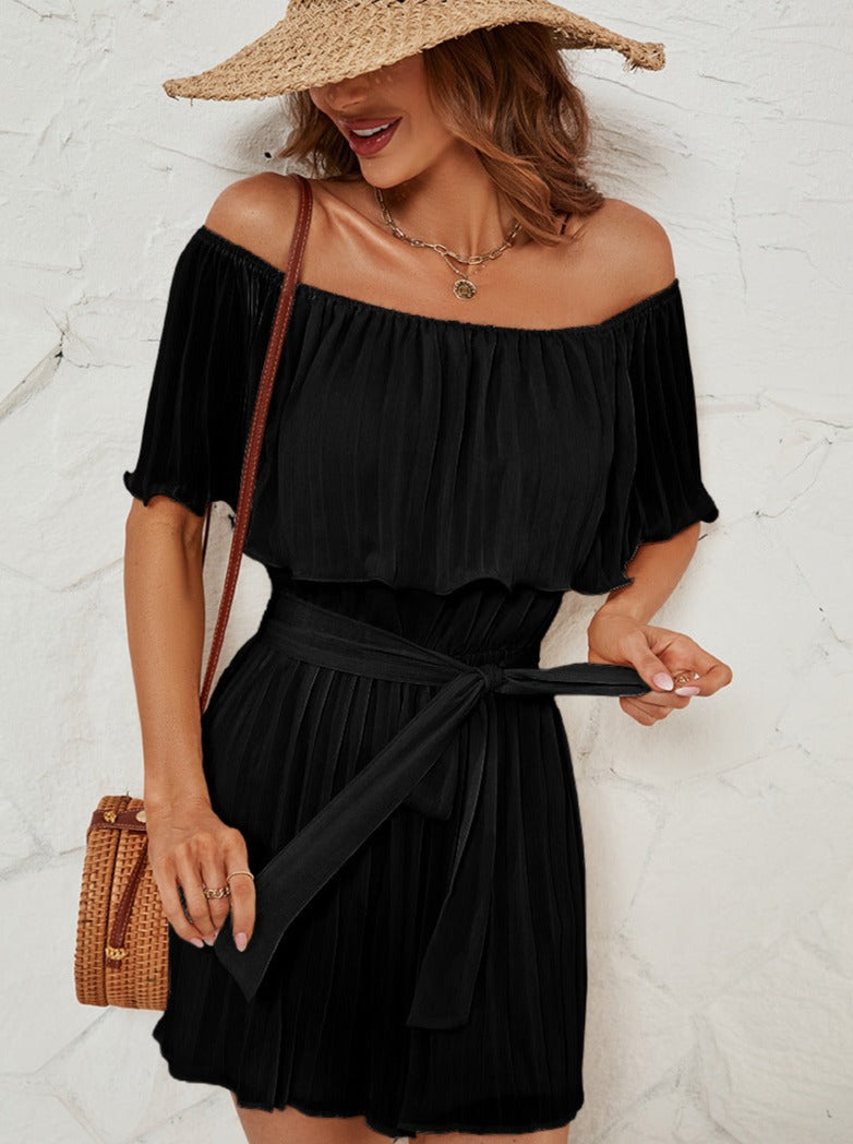 Black Off-Shoulder Pleated Collar Rompers