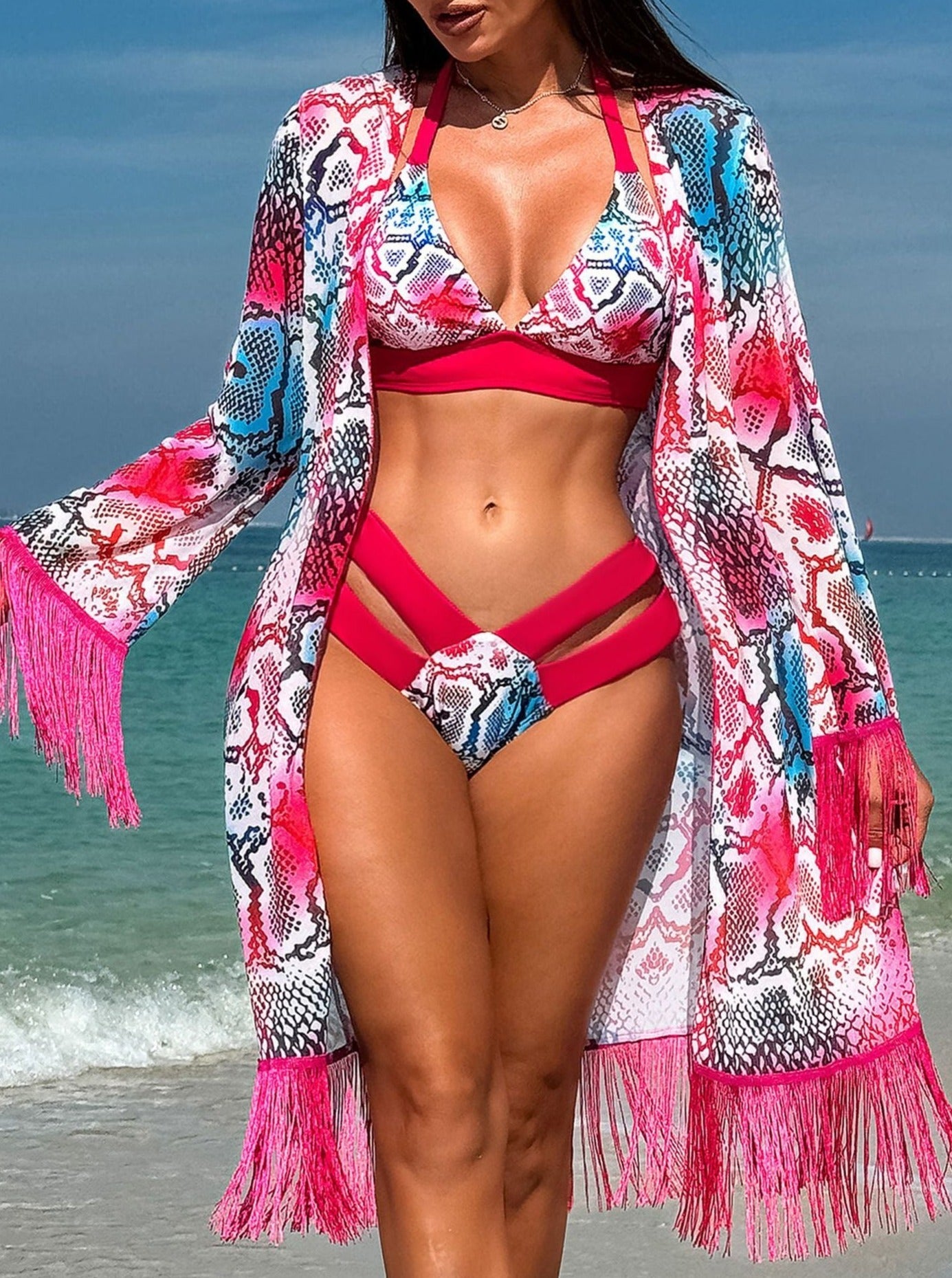 Three Piece Thick Border Printed Bikini Set