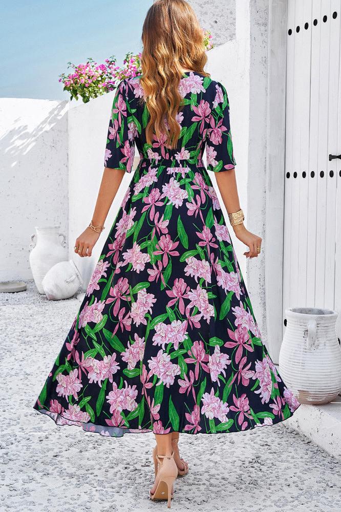 Chic Summer Floral V-Neck Side Slit Midi Dress