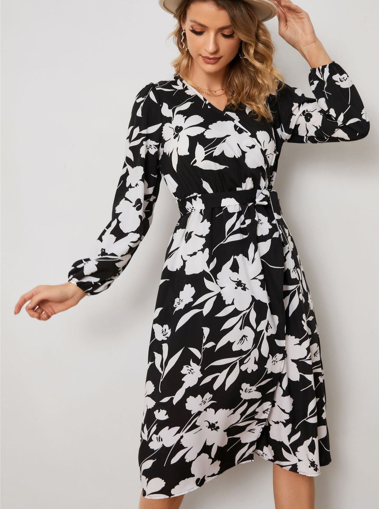 Elegant Floral Print Long Sleeve V-Neck Slit Lace-Up Midi Dress