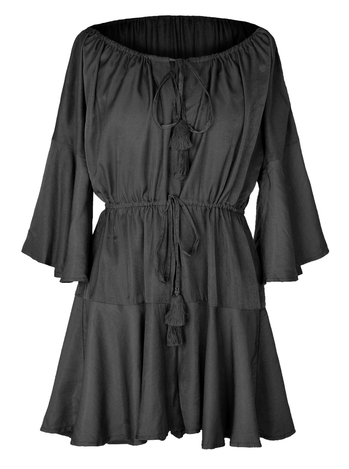 Elegantes schwarzes Bohemian-Kleid mit verstellbaren Schultern und Glockenärmeln 