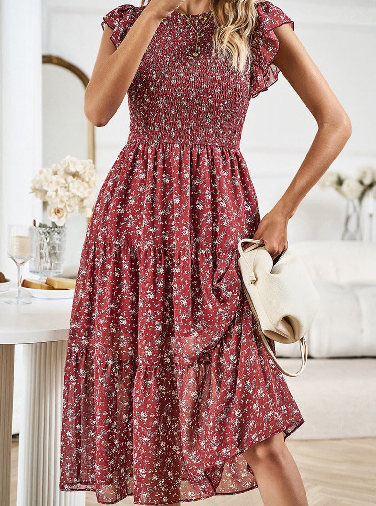 Floral Waist Defined Ruffle Trim Midi Dress