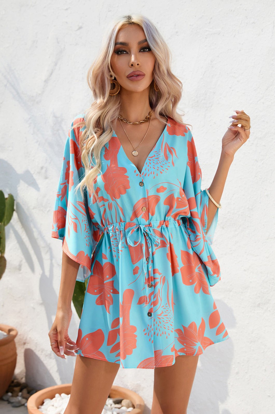 Floral Boho Damen Kimono Playsuit Kurzärmelig - Sommer Strandmode Jumpsuit Bunt