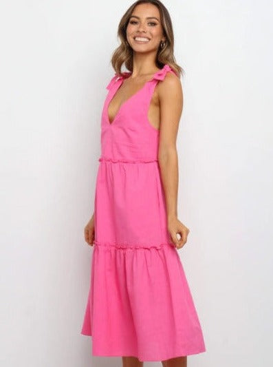 Solid Color Tie Shoulder Layered Dress