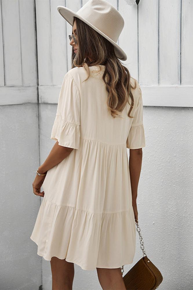 Apricot Sexy Frill V-Neck Drawstring Tie Smock Dress