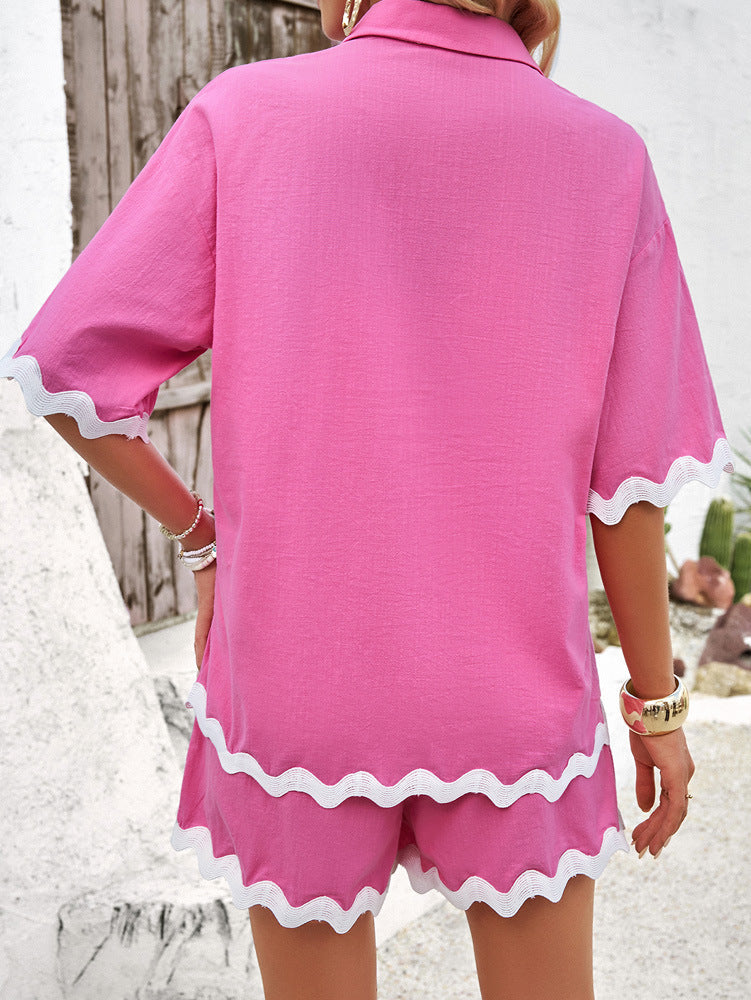 Lässiges Set aus Hemd und Shorts mit Spitze in Rosa