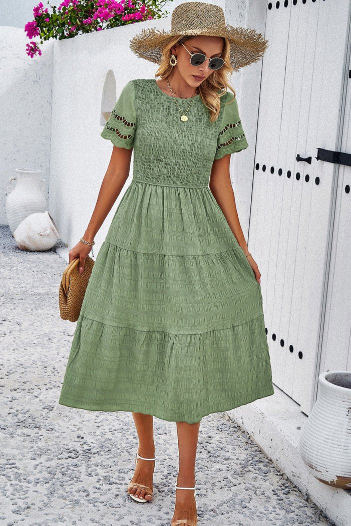 Casual Solid Crochet Lace Sleeve A-Line Midi Dress