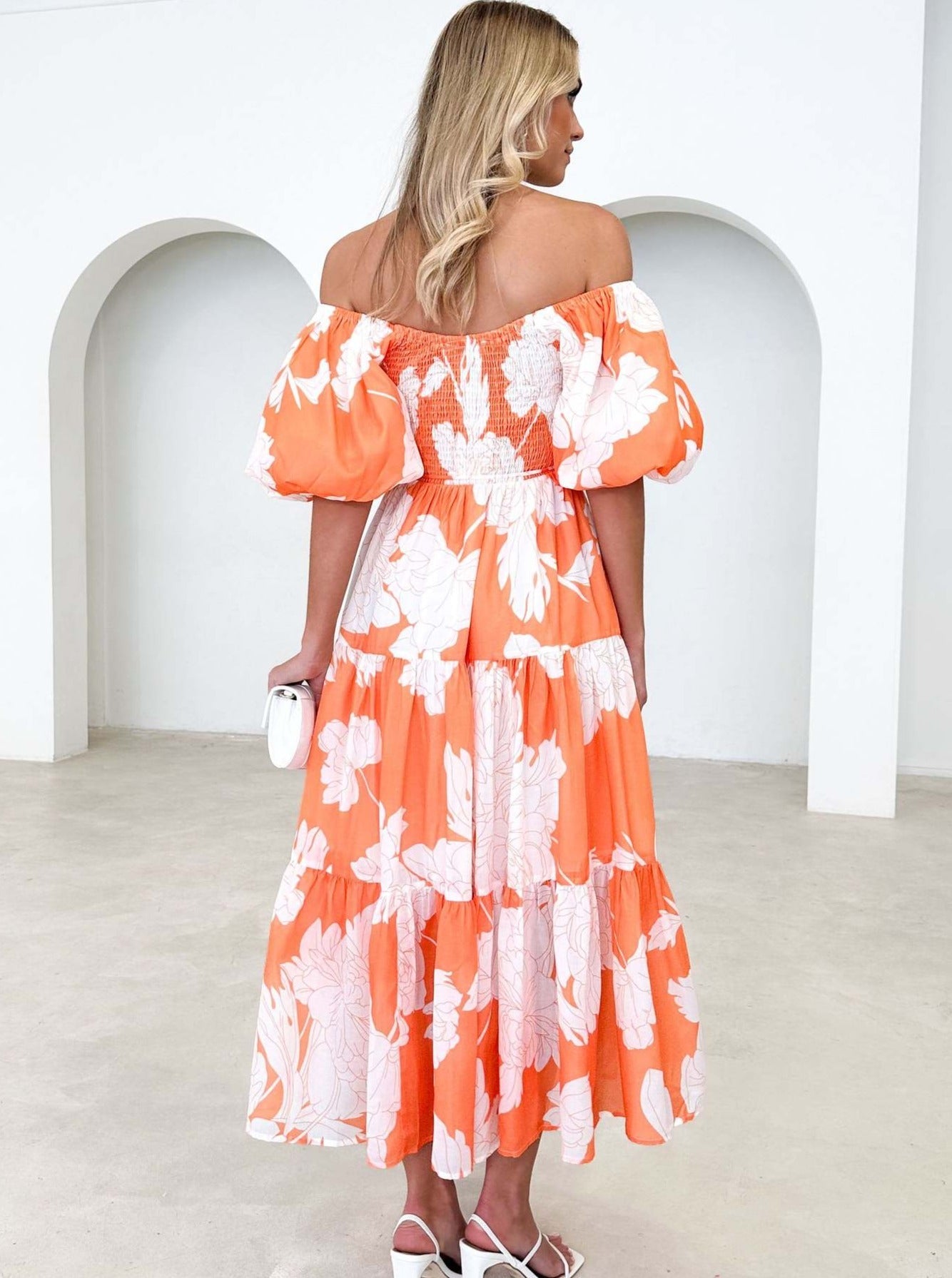 Floral Maxikleid Off-Shoulder Puffärmel Buntes Muster Sommer Chic