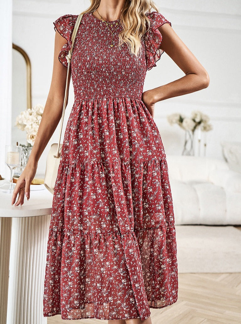 Floral Waist Defined Ruffle Trim Midi Dress