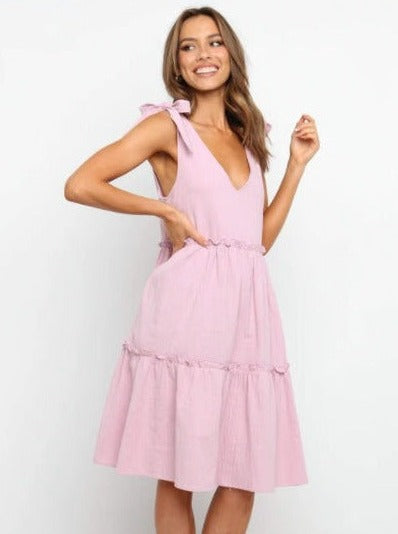 Solid Color Tie Shoulder Layered Dress