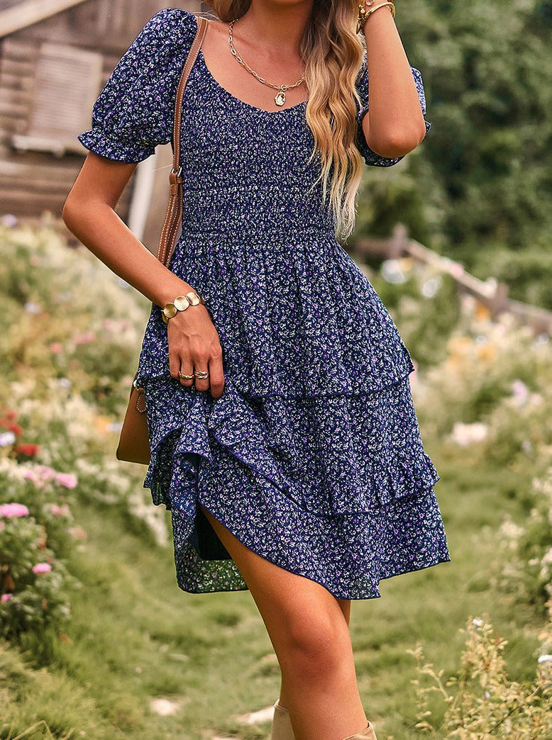 Blue V-Neck Off Shoulder Floral Printed Cake Skirt Dress