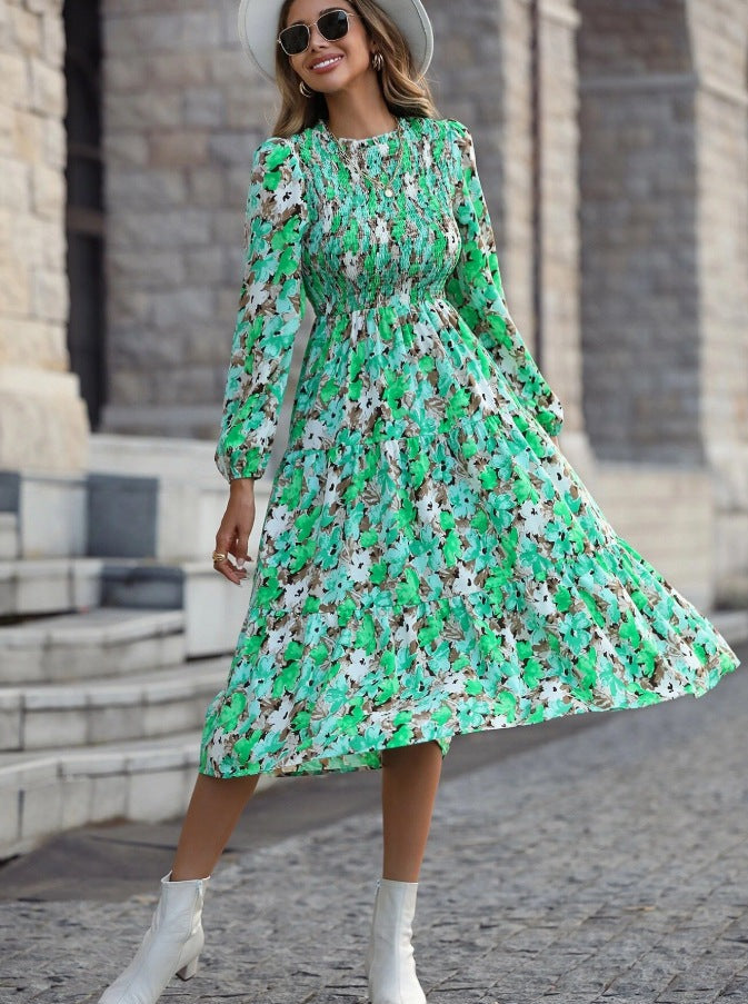 Floral Printed Lantern Sleeve Flared Dress