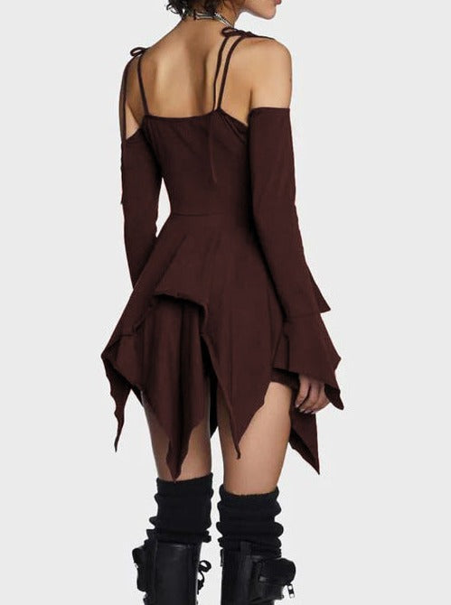 Off Shoulder Long Sleeve Irregular High Waist Ruffled Mini Dress