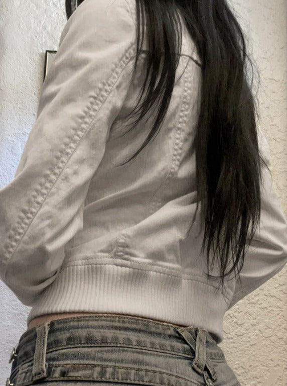 White Jean Casual Zipper Jacket