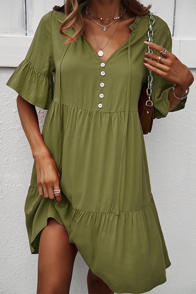 Green Sexy Frill V-Neck Drawstring Tie Smock Dress