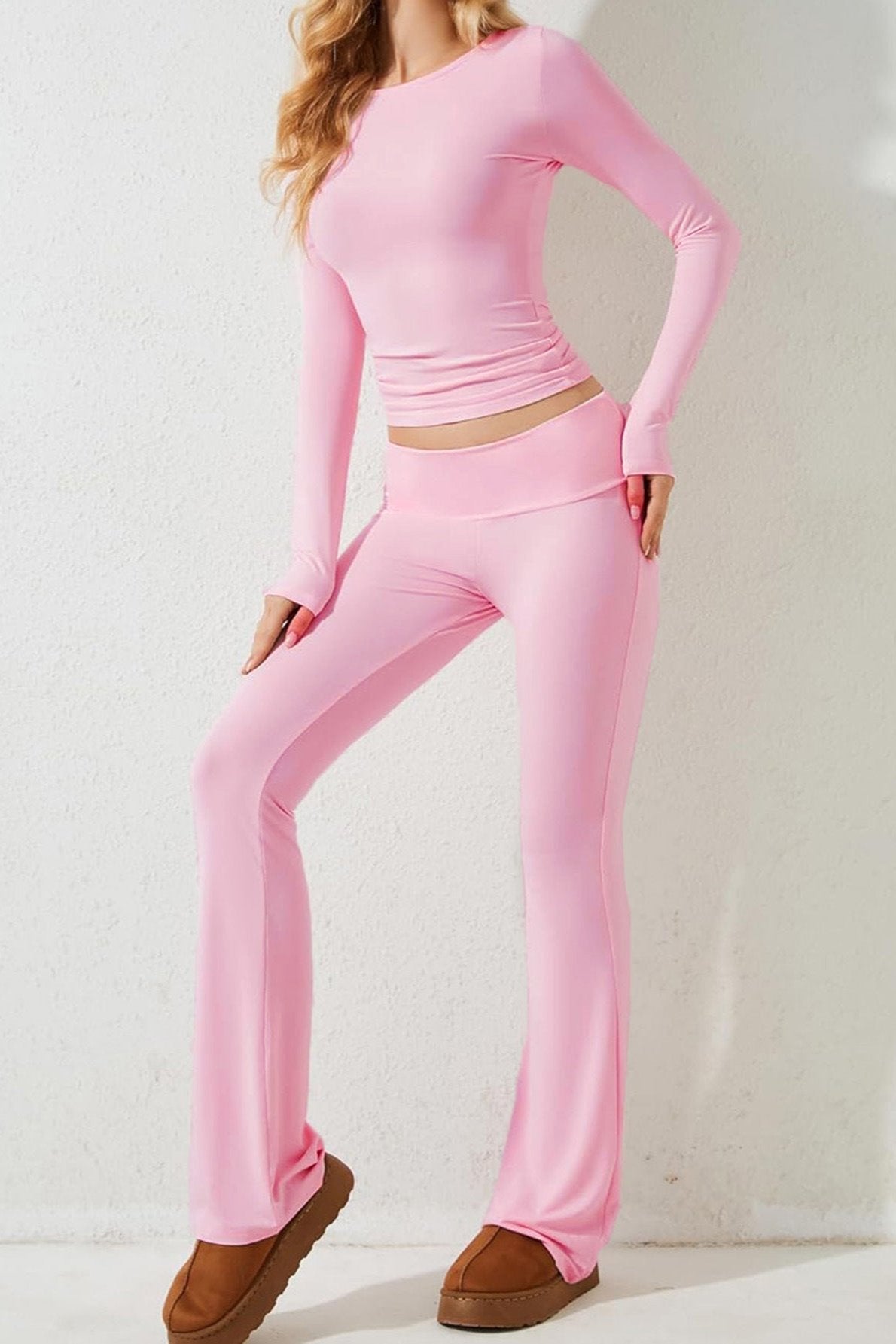 Two Piece Pink Long Sleeve Crop Top Flare Pants Set