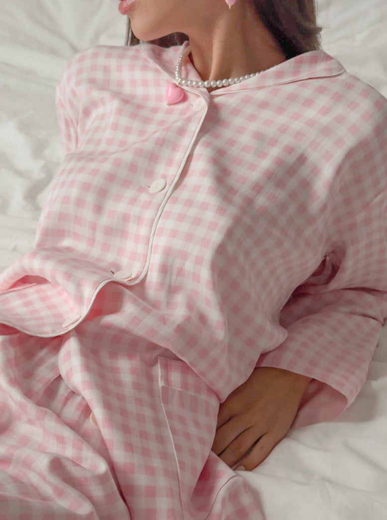 Pink Plaid Loungewear Long Sleeve Sleepwear Two Piece