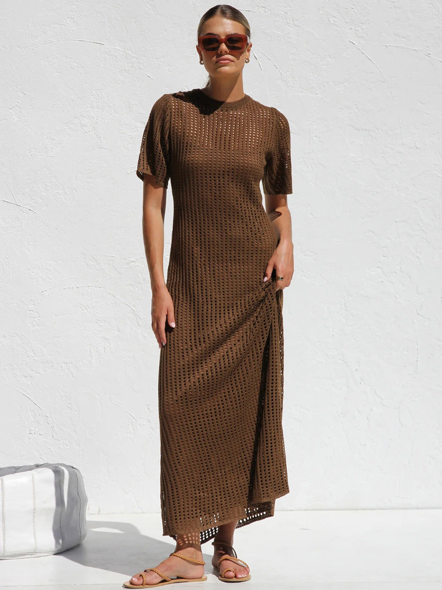 Brown Casual Round Neck Short Sleeve Hollow Mid-Length Dress