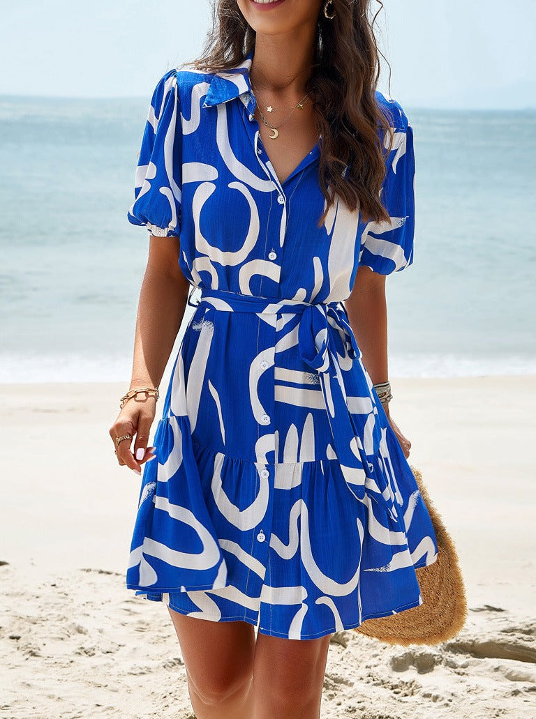 Printed Belted Tie Waist Collar Neck Button Down Dress