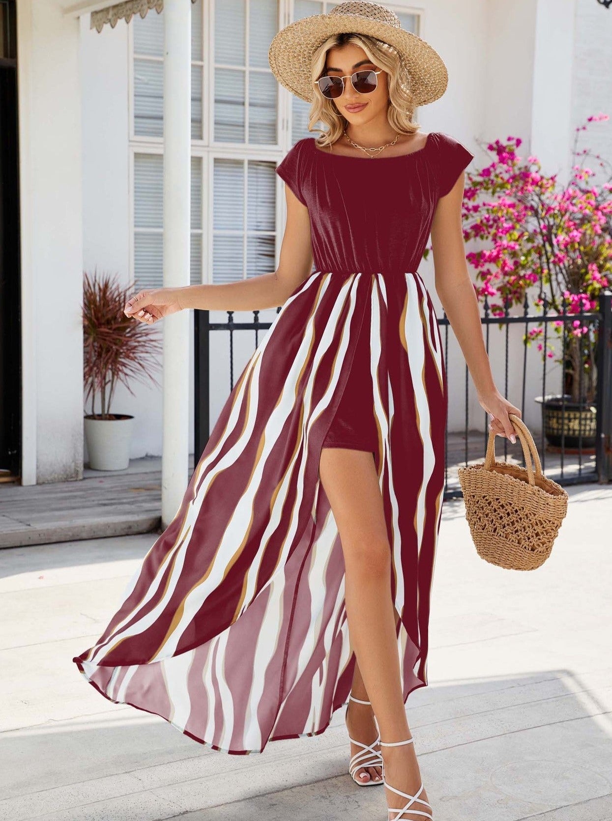 Boho Maxikleid mit Shorts Off-Shoulder Gestreift Sommer Chic Mode