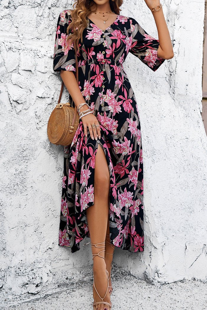 Chic Summer Floral V-Neck Side Slit Midi Dress