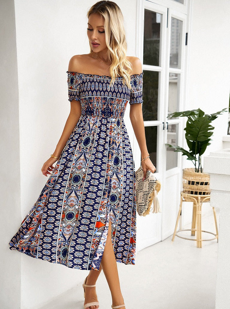 Sommerliches schulterfreies Bohemian-Midikleid mit Schlitz 