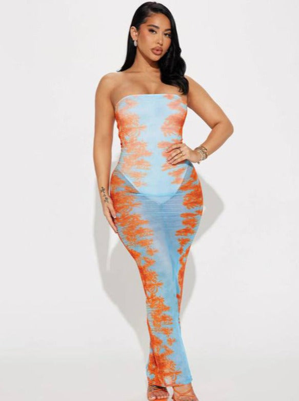 See Through Mesh Blue and Orange Tie Dye Tube Dress