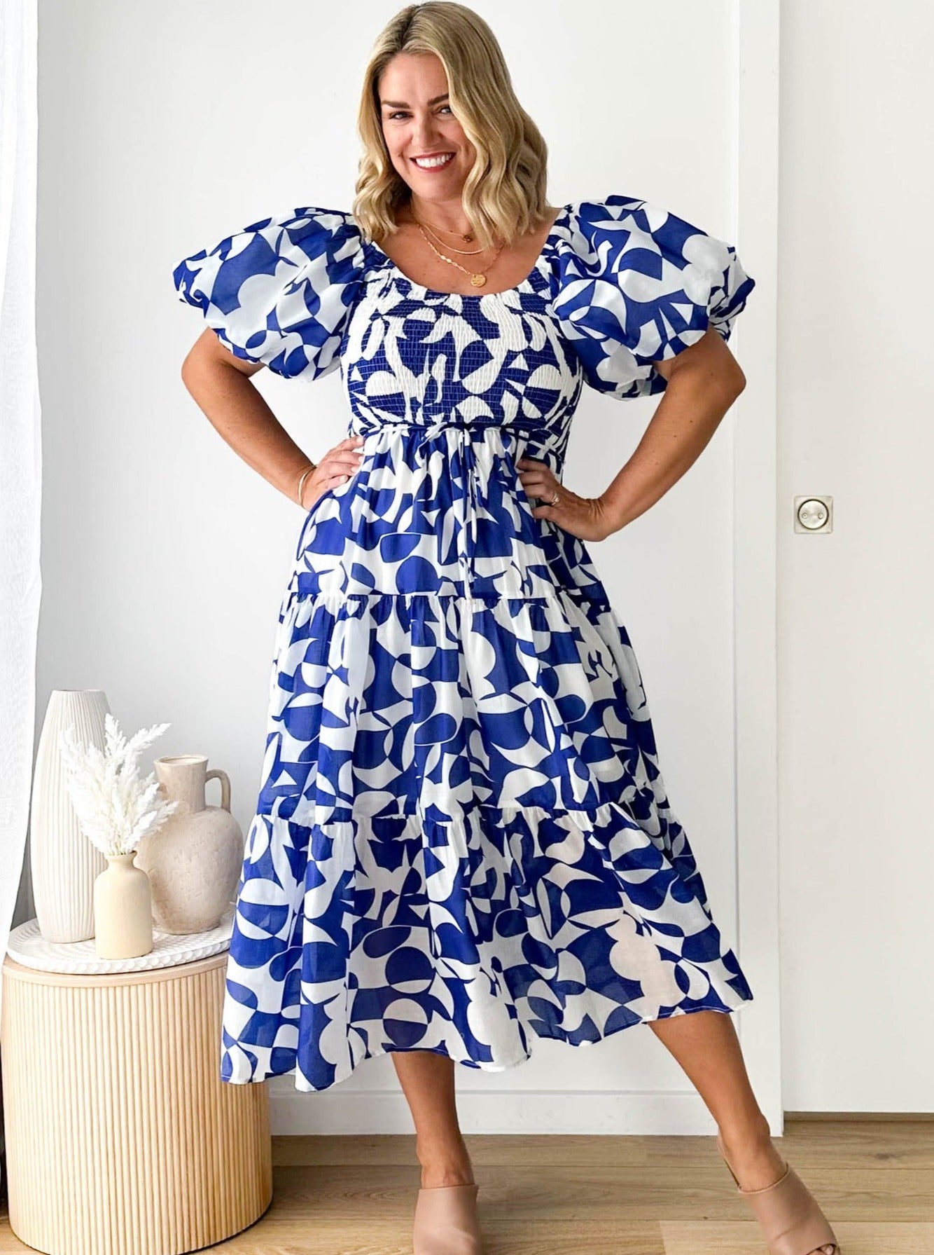 Floral Maxikleid Off-Shoulder Puffärmel Buntes Muster Sommer Chic