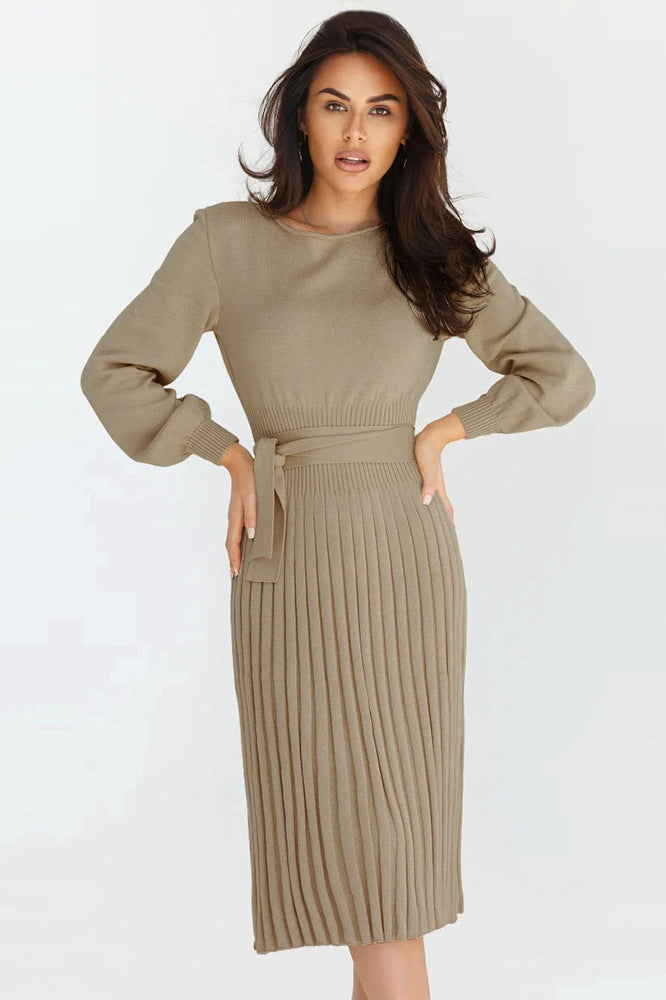 Balloon Sleeves Ribbed Knit Pleated Dress