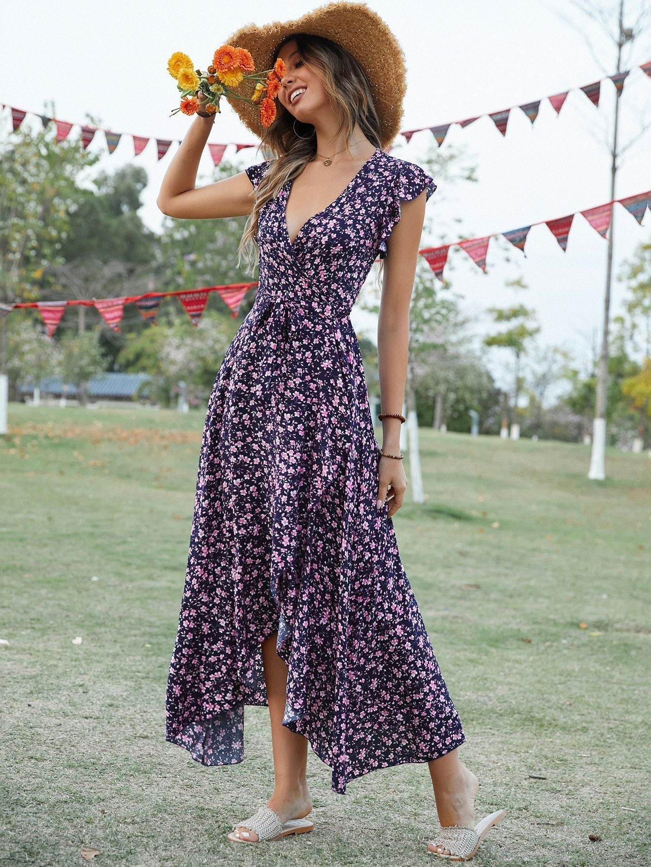 Bohemian Floral Print Vintage Cotton Slit Midi Dress