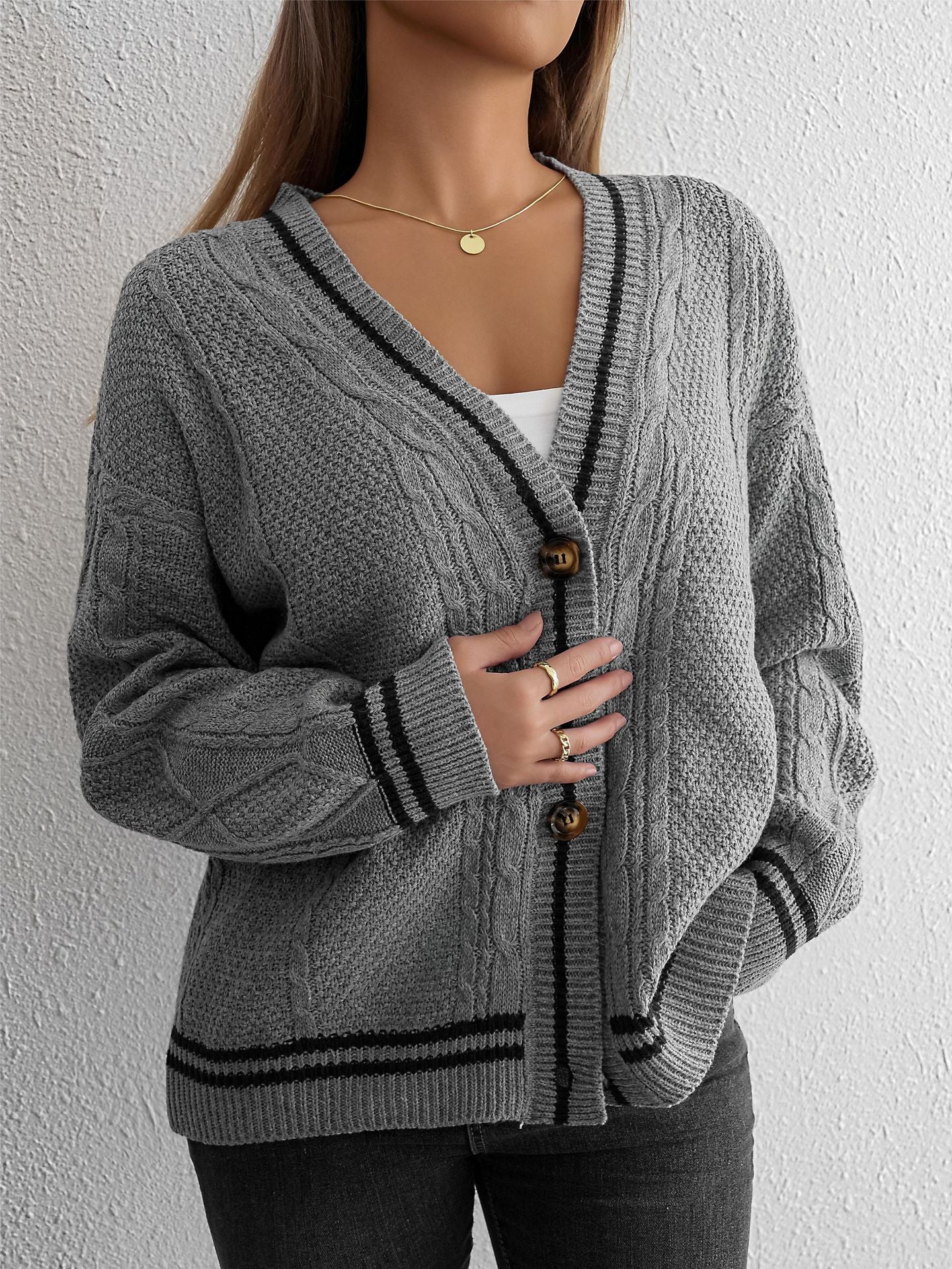 Damen Strickjacke Zopfstrick - Cardigan mit Knöpfen und Kontraststreifen