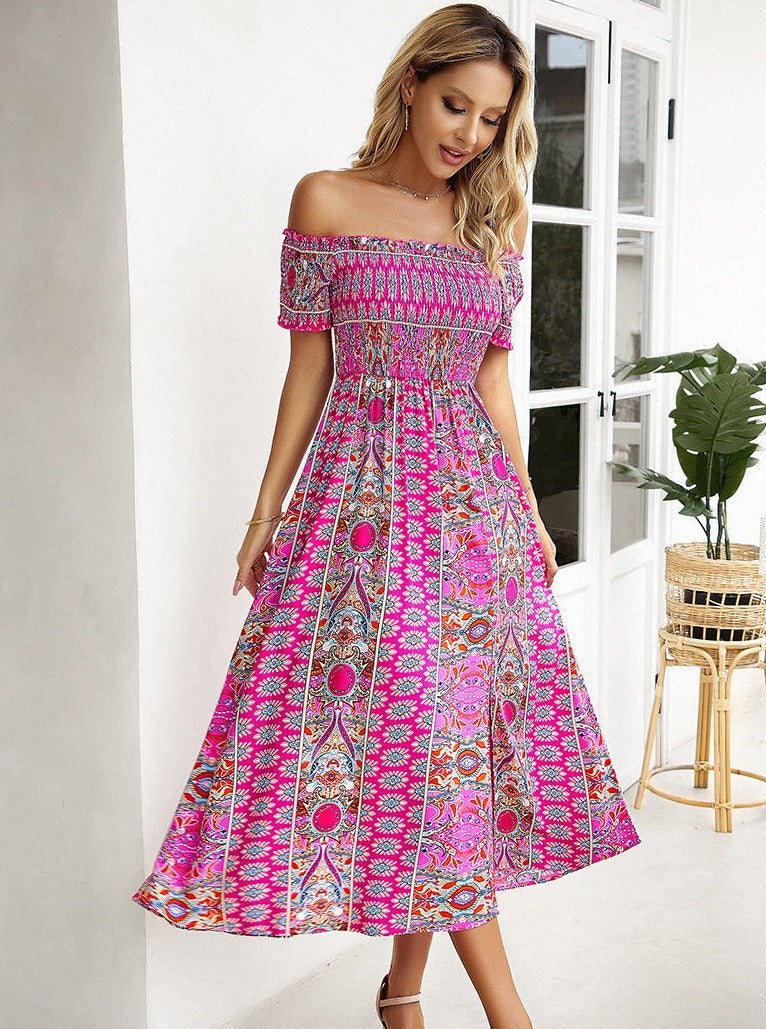 Sommerliches schulterfreies Bohemian-Midikleid mit Schlitz 