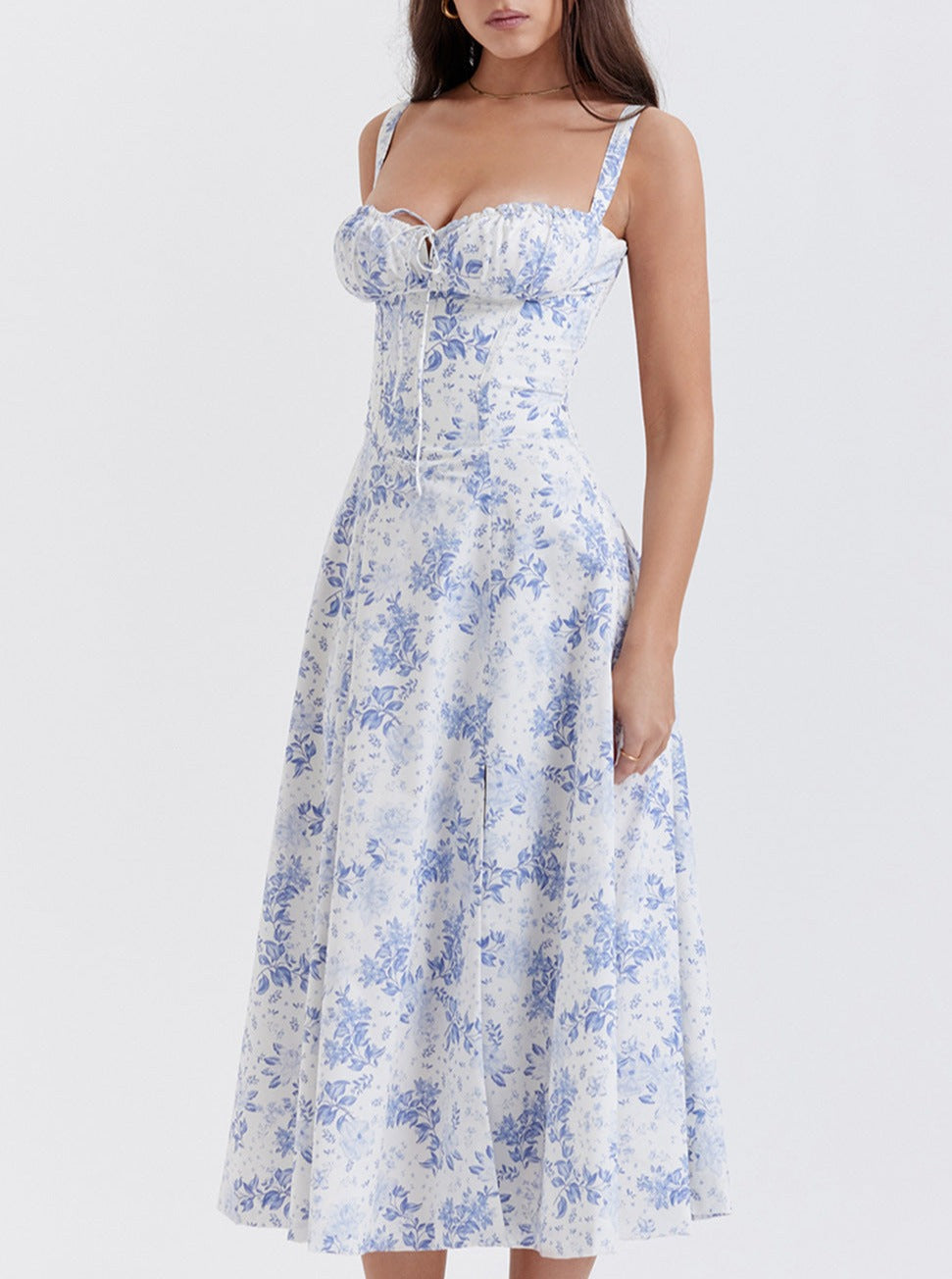 Elegant Summer Floral Halter Pleated Midi Dress