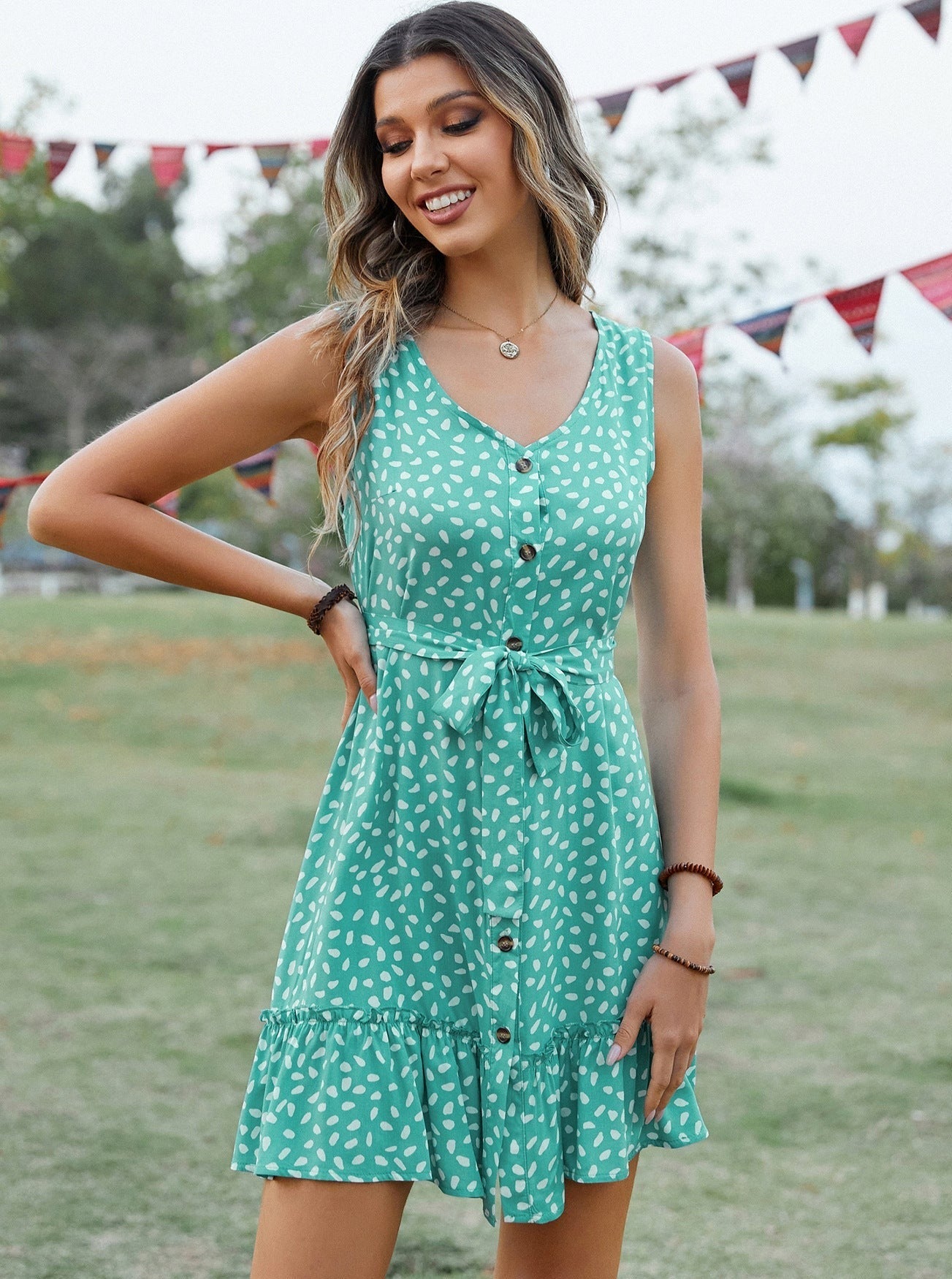 Sleeveless Tie Waist Polka Dots Mini Dress