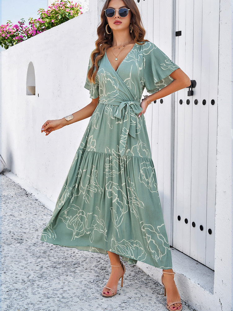 Green Deep V-Neck Bohemian Flare Short Sleeve Dress