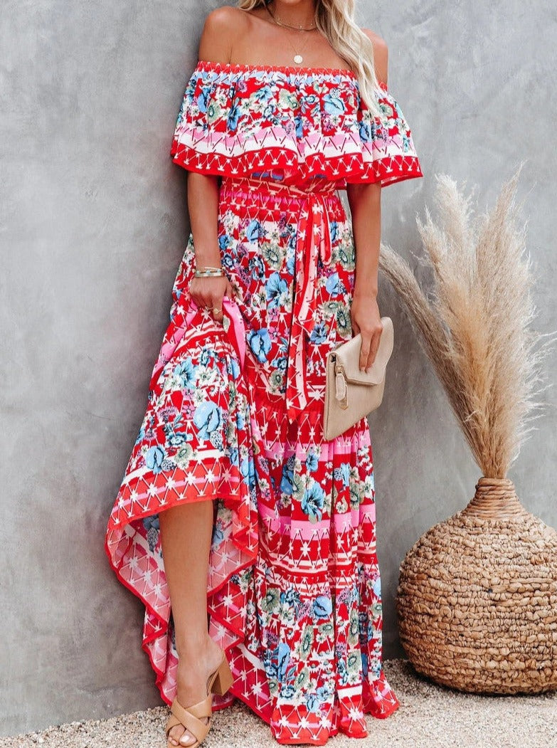 Red Floral Retro Printed Off Shoulder Maxi Dress