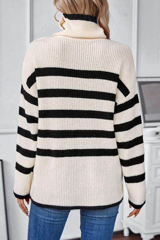 Classy Stripe Turndown Collar Long Sleeve Sweater