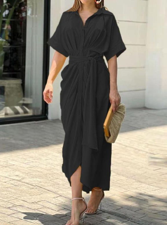 Elegant Short Sleeve Temperament High Waist Tie Belt Dress