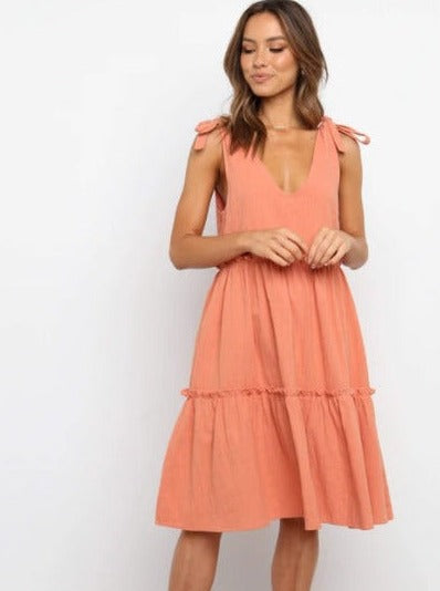 Solid Color Tie Shoulder Layered Dress