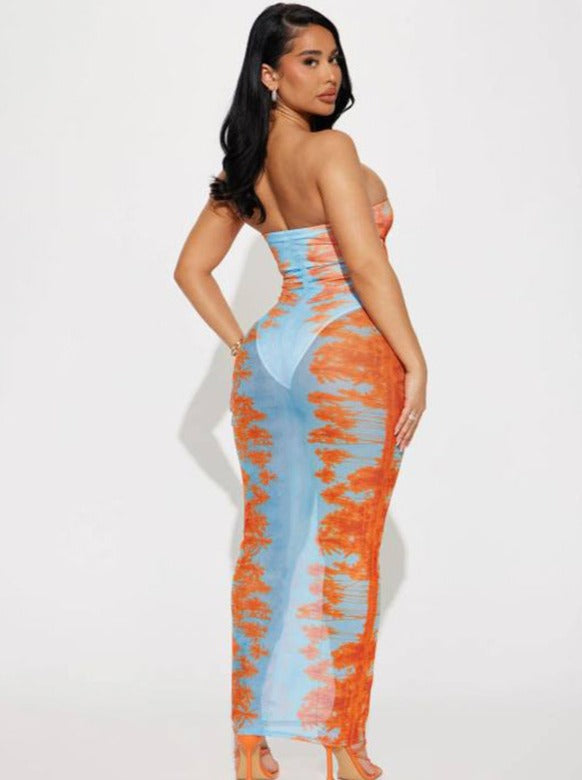 See Through Mesh Blue and Orange Tie Dye Tube Dress