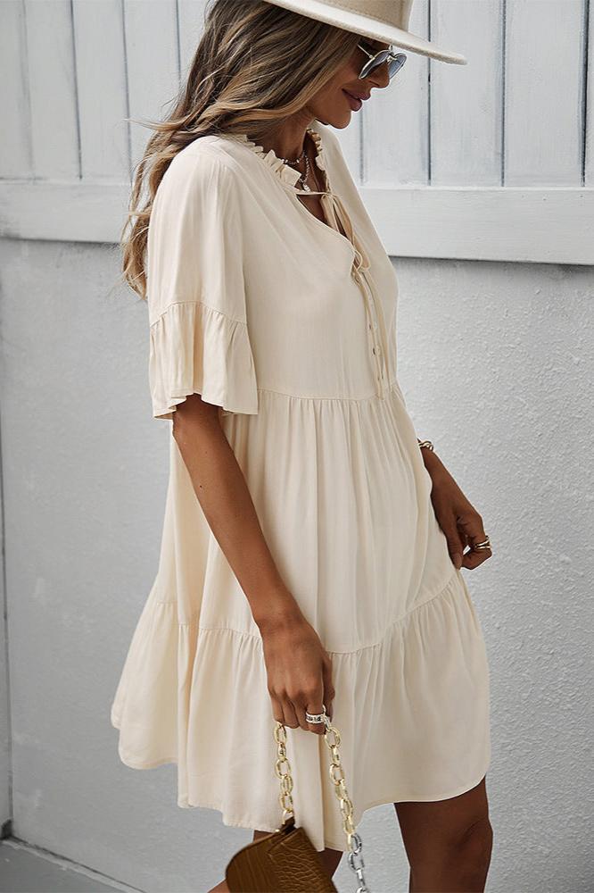 Apricot Sexy Frill V-Neck Drawstring Tie Smock Dress