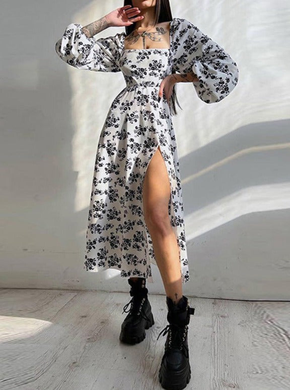 Elegant Temperament Printed Lantern Sleeve Slit Dress