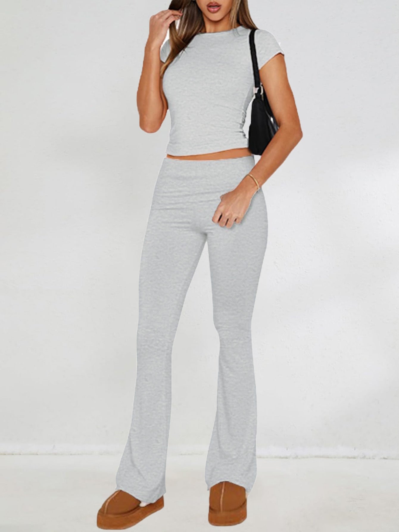 Casual Slim Short Sleeve Grey Crop Top and Pants Set