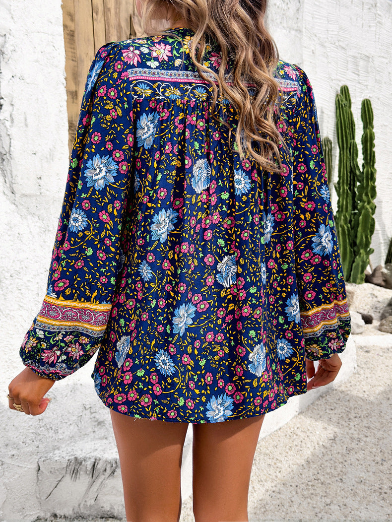 Deep Blue Retro Floral Printed Tassel Shirt