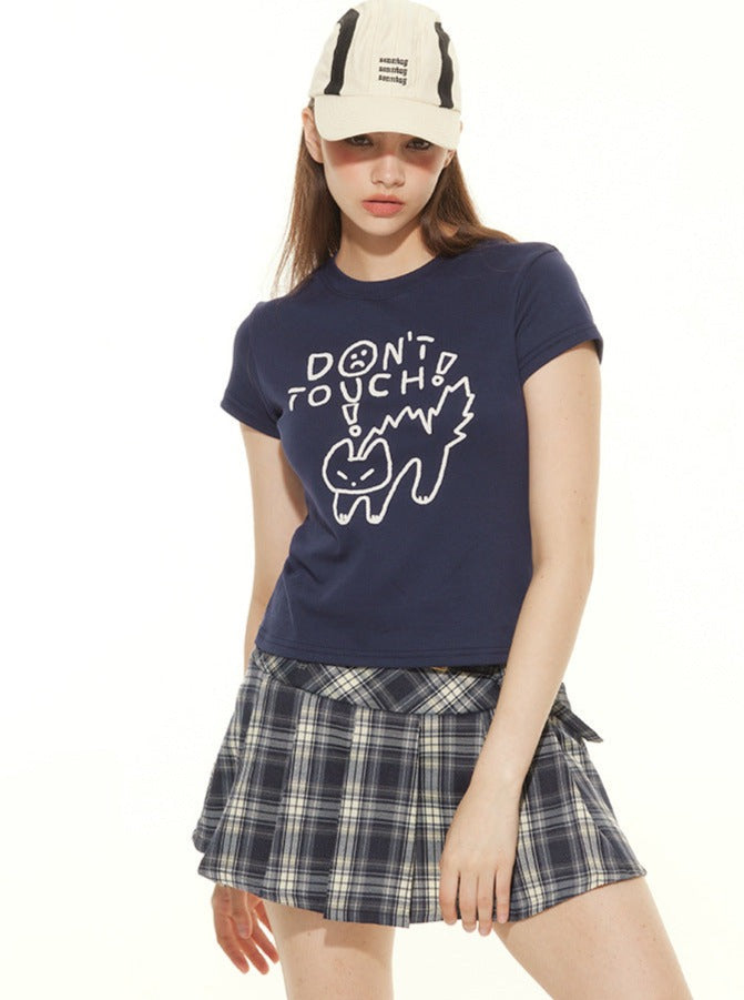 Blue Short Sleeve Cat & Lettering Print Crop Tee