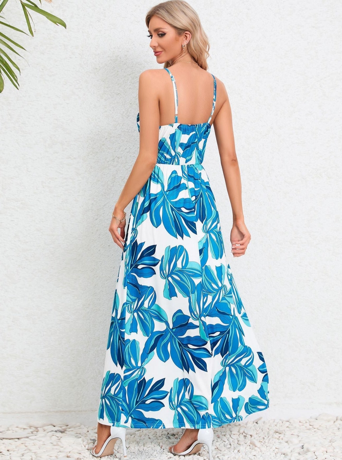 White Blue Tropical Printed Long Dress