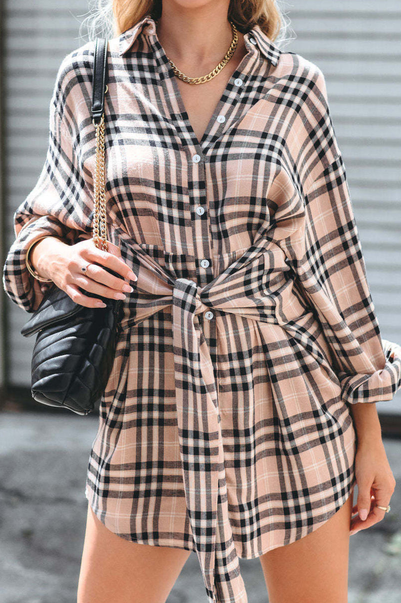 Chic Plaid Belted Shirt Dress