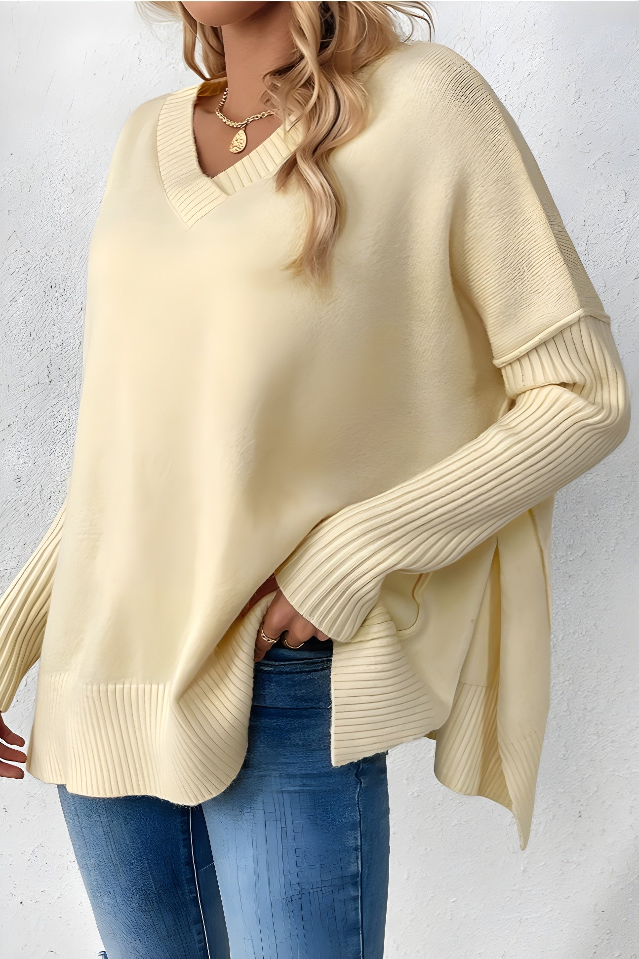 Damen V-Ausschnitt Pullover Langarm Oversize Sweater